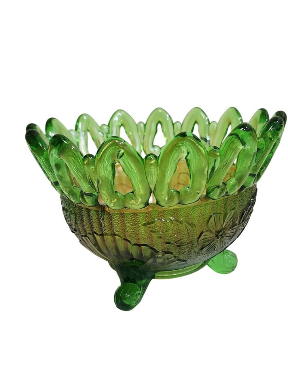 Vintage Green Glass Bowl With Open Lace Edge And Floral Pattern Iridescent Finis